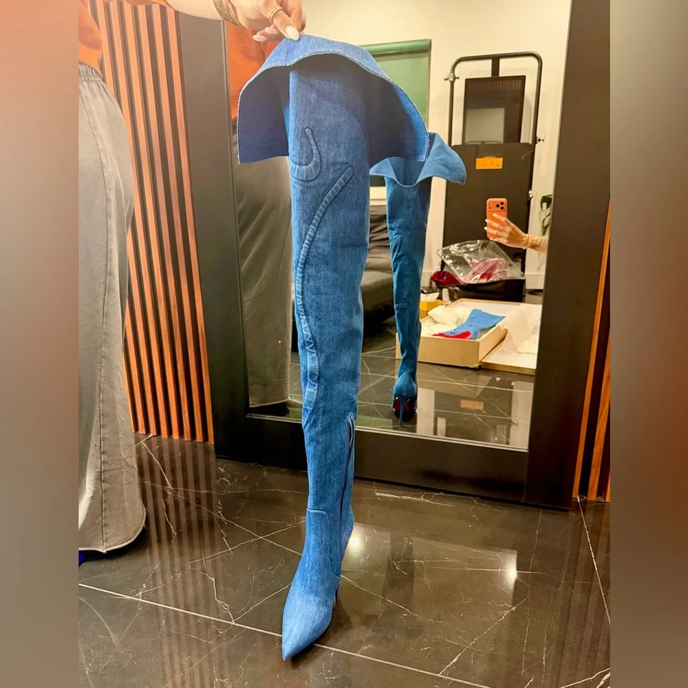 Christian Louboutin “Kate LoubiJean RocknRide” Over-the-Knee Denim Boots 39.5 - Picture 3 of 17